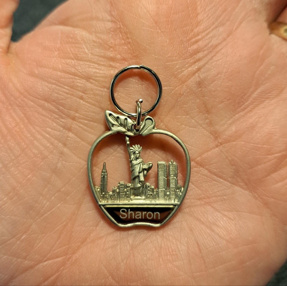 Vintage 1990s Silver Apple Keychain New York Personalized 'Sharon'
